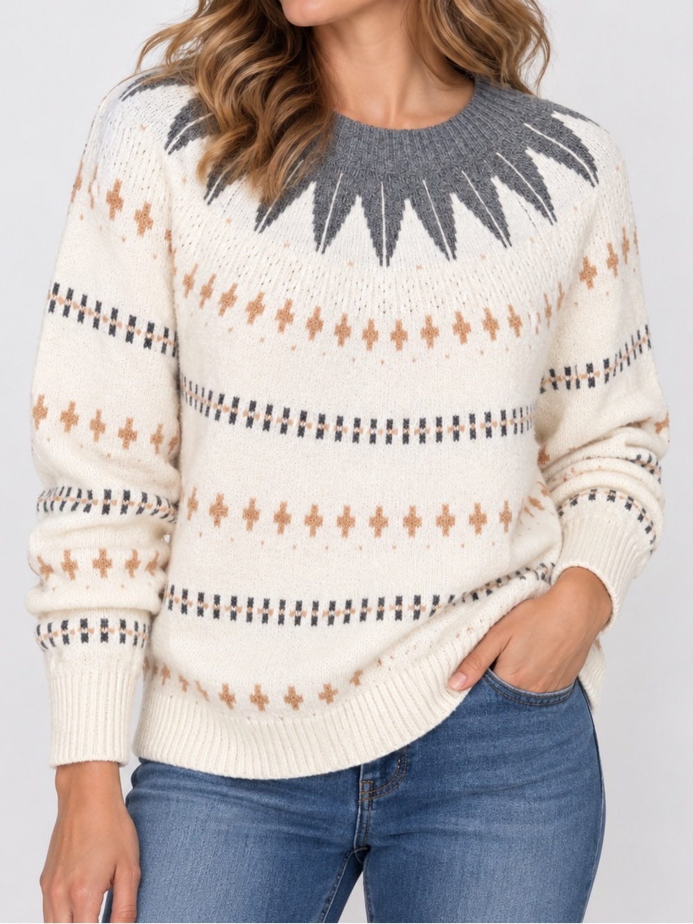 Banana Republic Cream Fair Isle Crewneck Sweater with Gray Yoke and Tan Accents